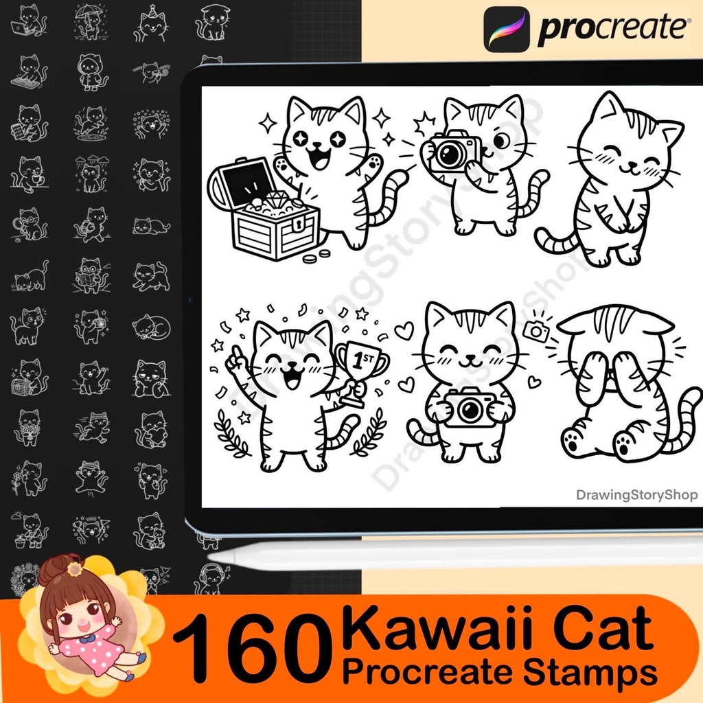 160 Procreate Kawaii Cat Stamps, Cute Kitty Daily Life Doodle Brushes, Planner Journal Cat Clipart