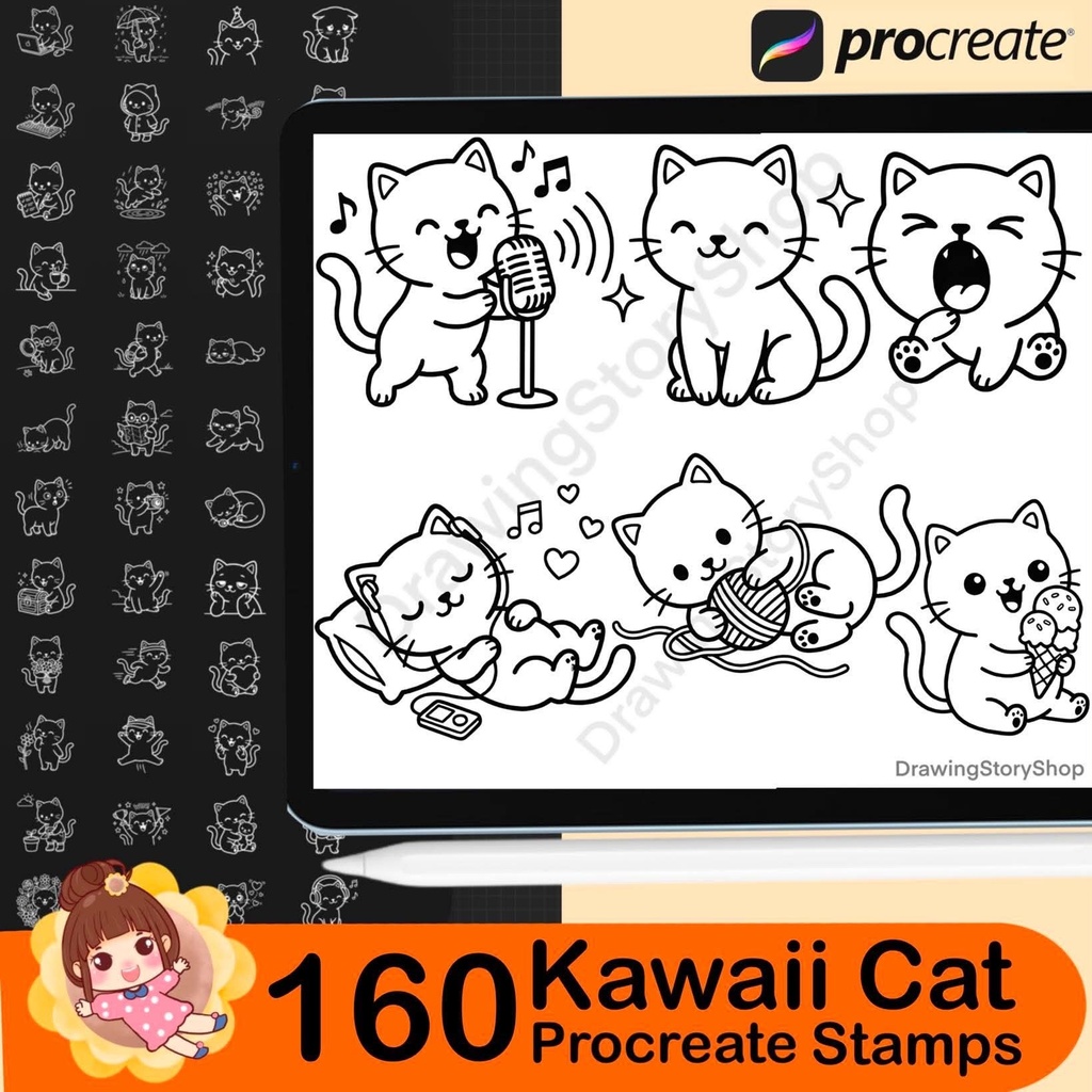 160 Procreate Kawaii Cat Stamps, Cute Kitty Daily Life Doodle Brushes, Planner Journal Cat Clipart