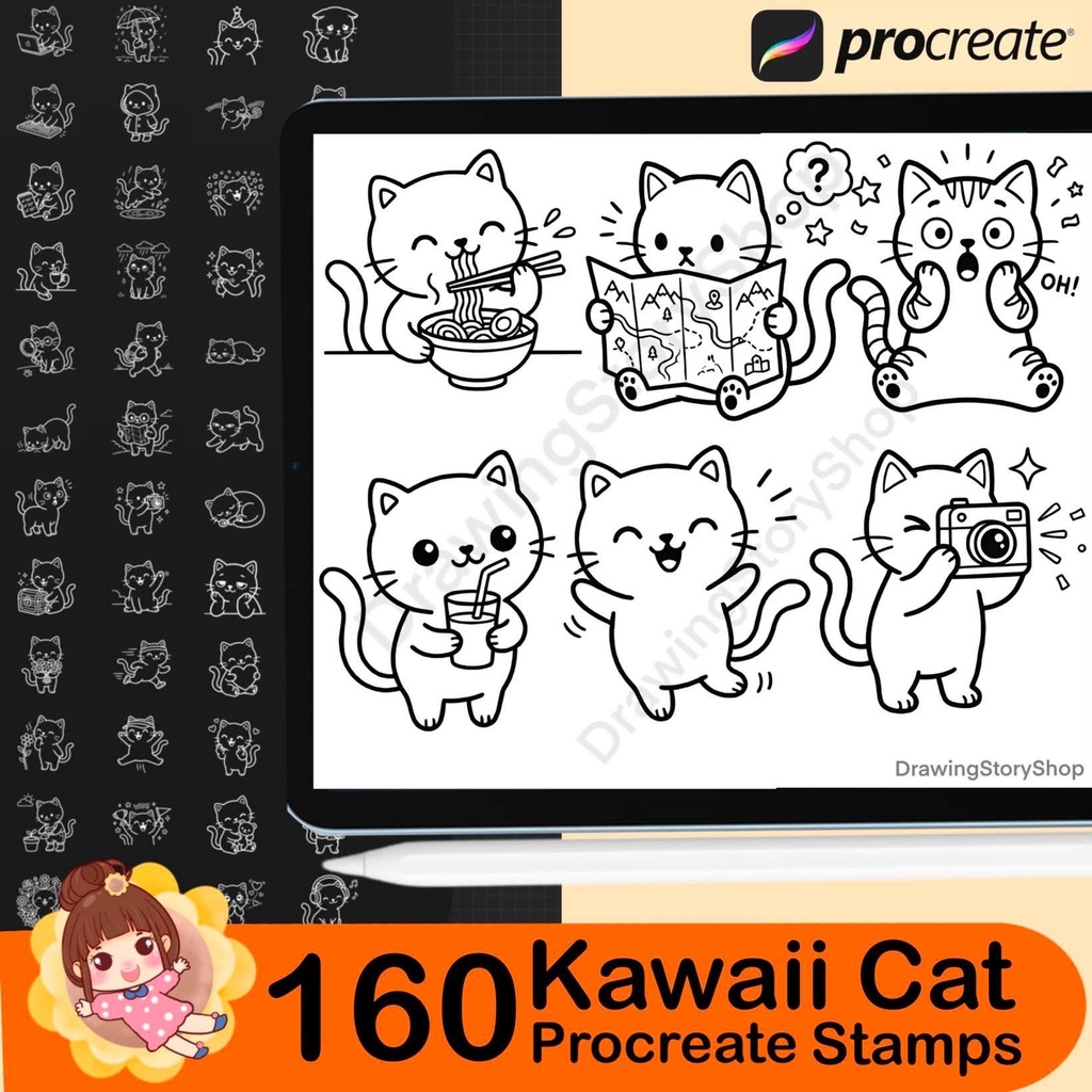160 Procreate Kawaii Cat Stamps, Cute Kitty Daily Life Doodle Brushes, Planner Journal Cat Clipart