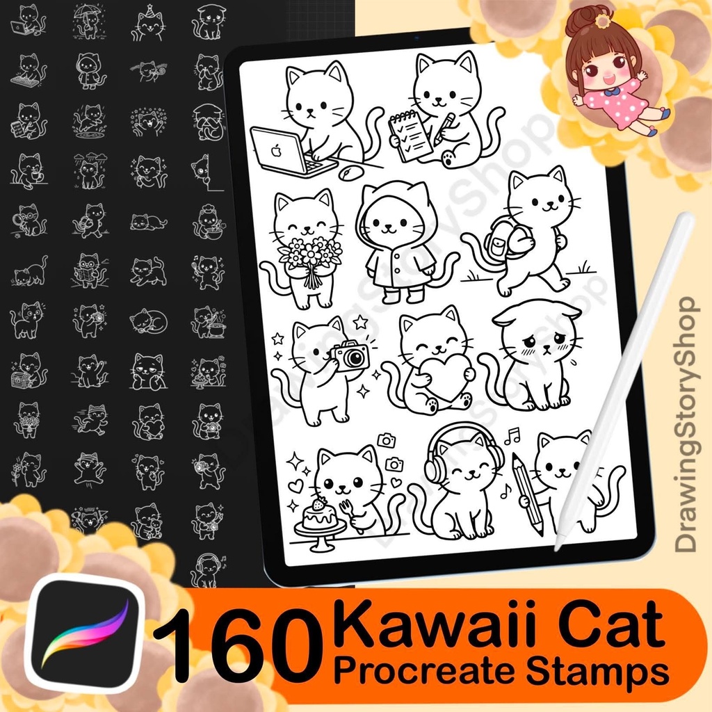 160 Procreate Kawaii Cat Stamps, Cute Kitty Daily Life Doodle Brushes, Planner Journal Cat Clipart