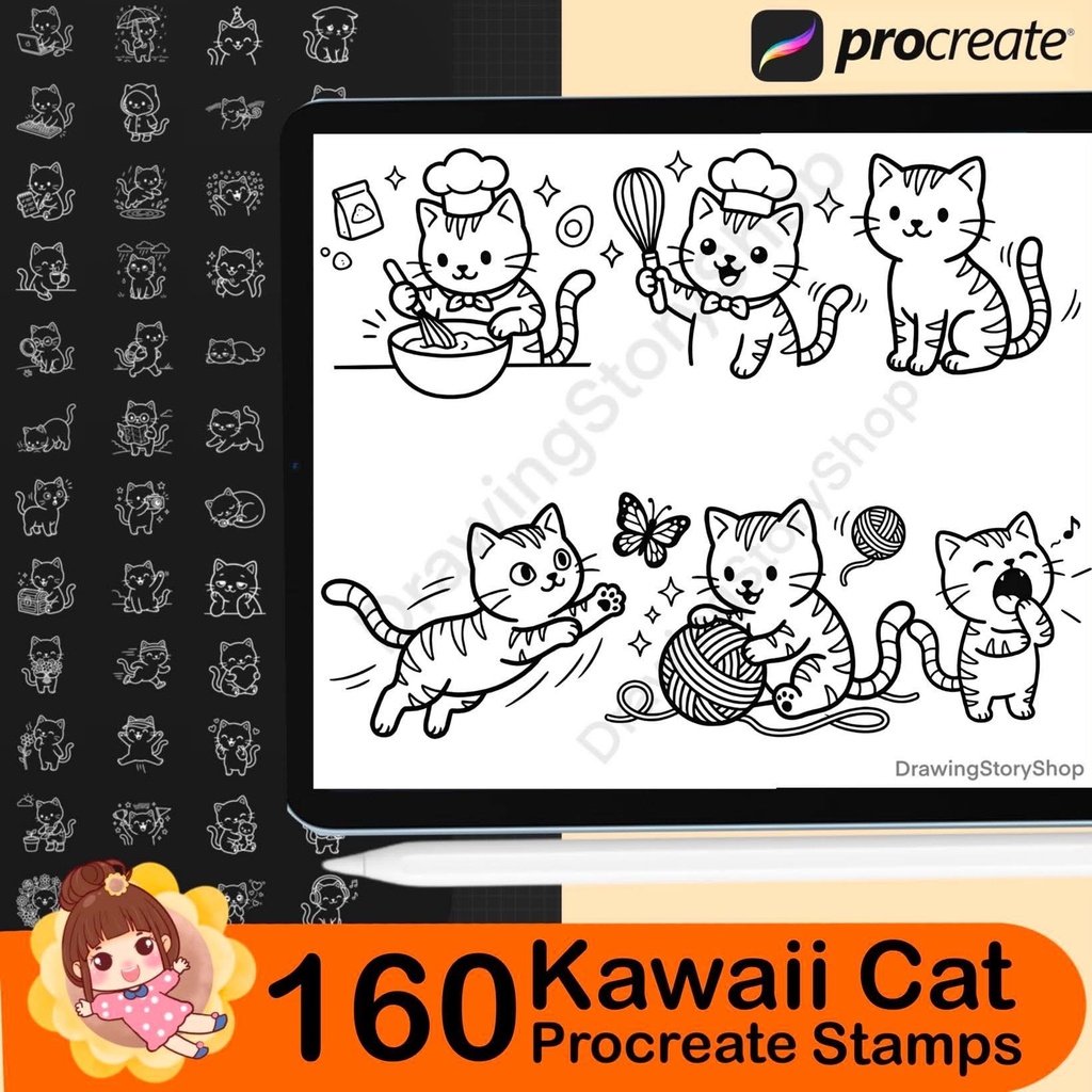 160 Procreate Kawaii Cat Stamps, Cute Kitty Daily Life Doodle Brushes, Planner Journal Cat Clipart