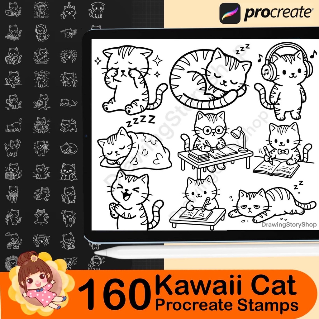 160 Procreate Kawaii Cat Stamps, Cute Kitty Daily Life Doodle Brushes, Planner Journal Cat Clipart