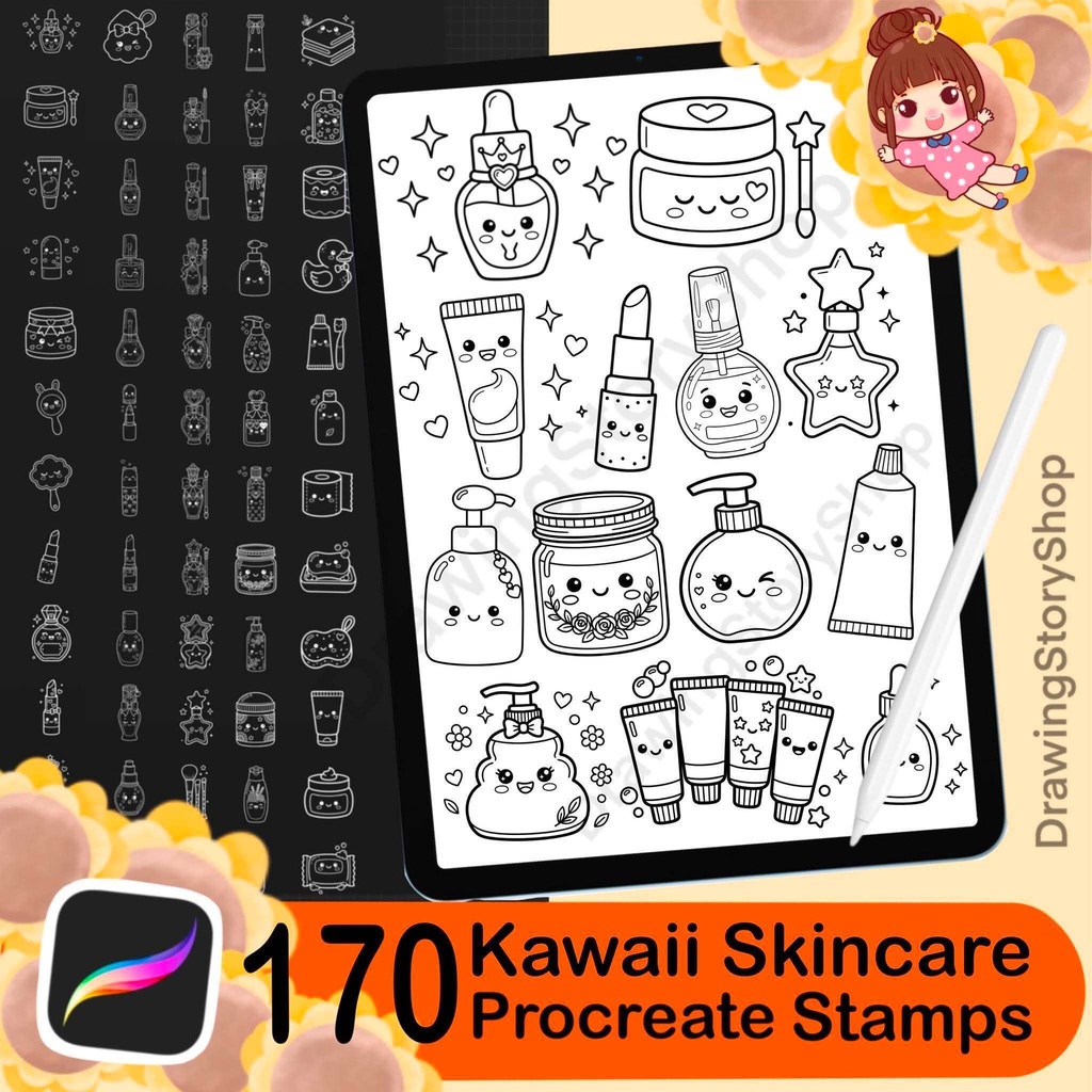 170 Kawaii Skincare Procreate Stamps | Cute Beauty Product Stamp Brushes | Cosmetic, Self Care, Planner & Coloring Book Elements
