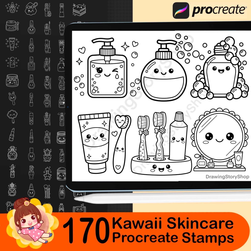 170 Kawaii Skincare Procreate Stamps | Cute Beauty Product Stamp Brushes | Cosmetic, Self Care, Planner & Coloring Book Elements
