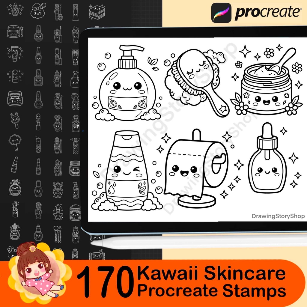 170 Kawaii Skincare Procreate Stamps | Cute Beauty Product Stamp Brushes | Cosmetic, Self Care, Planner & Coloring Book Elements