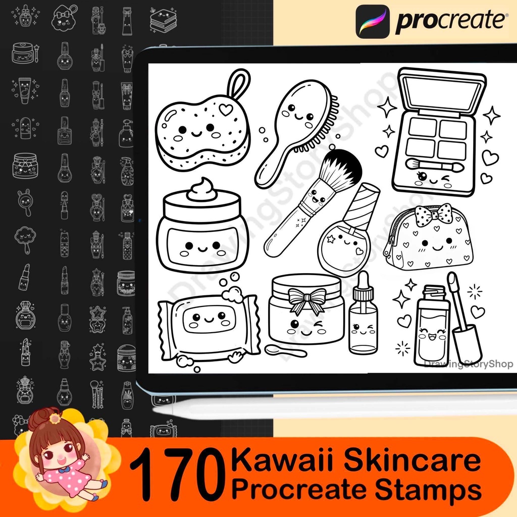 170 Kawaii Skincare Procreate Stamps | Cute Beauty Product Stamp Brushes | Cosmetic, Self Care, Planner & Coloring Book Elements