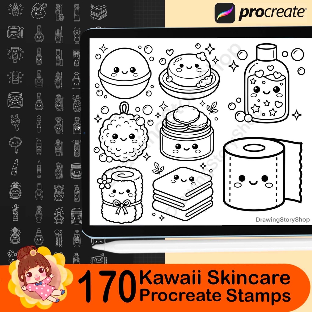 170 Kawaii Skincare Procreate Stamps | Cute Beauty Product Stamp Brushes | Cosmetic, Self Care, Planner & Coloring Book Elements