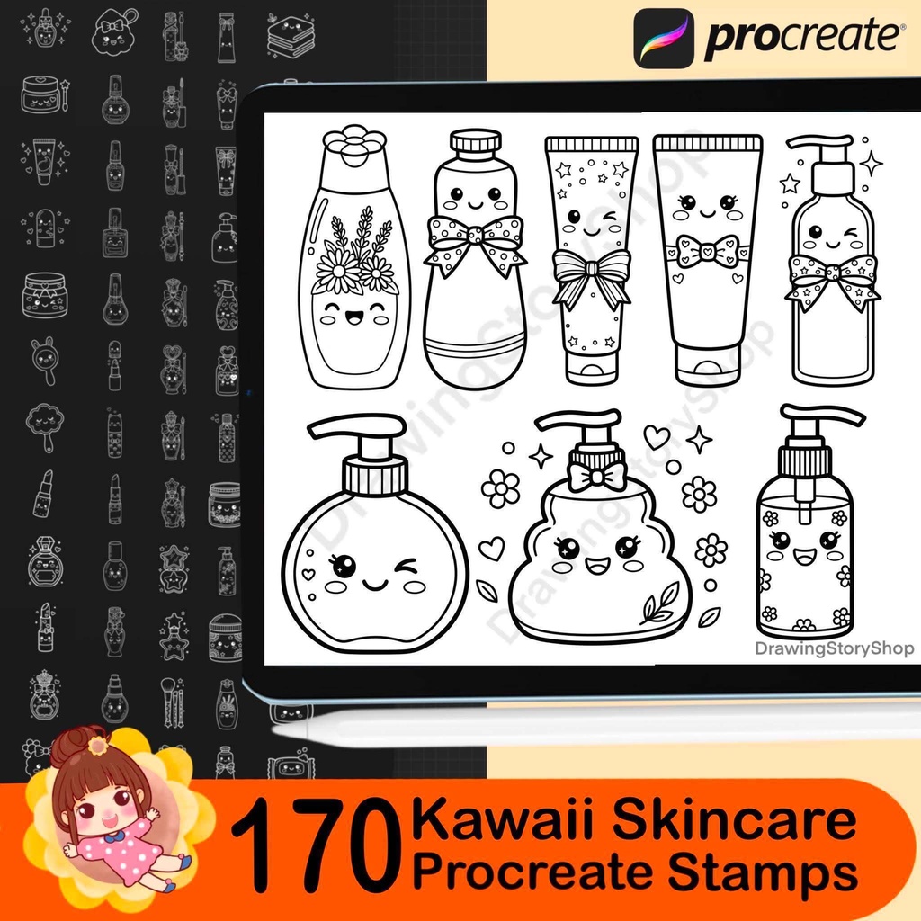 170 Kawaii Skincare Procreate Stamps | Cute Beauty Product Stamp Brushes | Cosmetic, Self Care, Planner & Coloring Book Elements