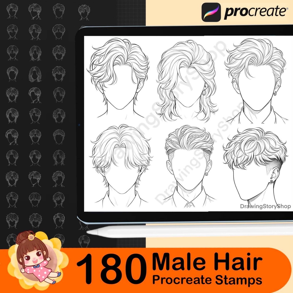 180 Male Hair Procreate Stamps | Anime Boy Hairstyle Brushes