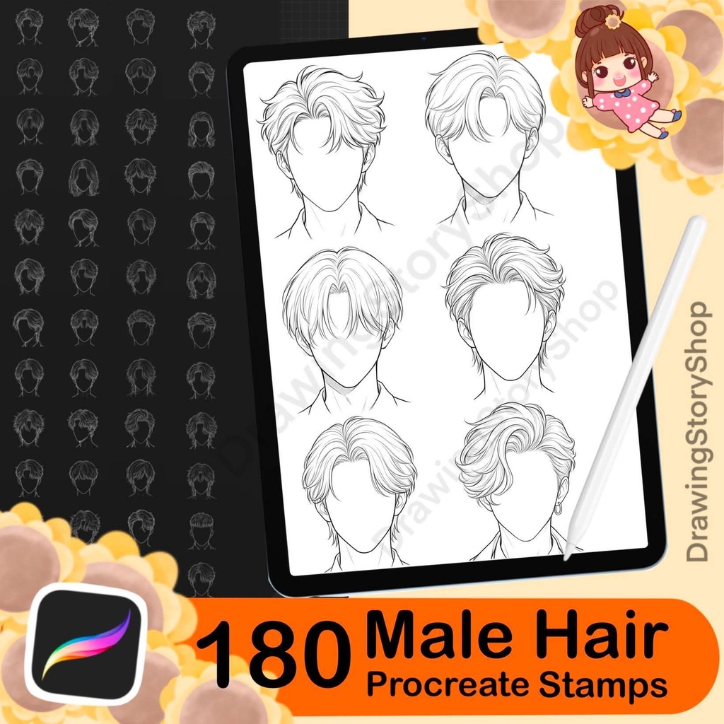 180 Male Hair Procreate Stamps | Anime Boy Hairstyle Brushes