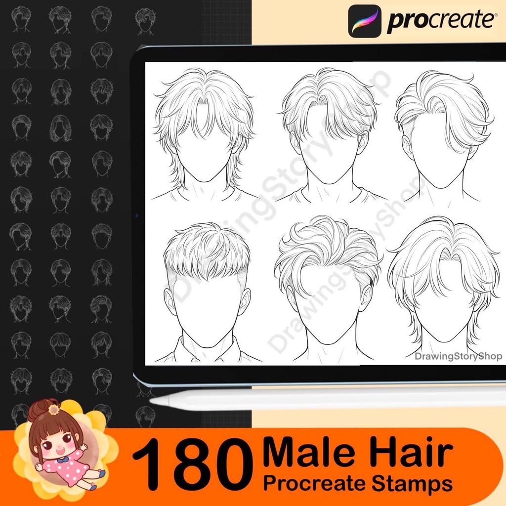 180 Male Hair Procreate Stamps | Anime Boy Hairstyle Brushes