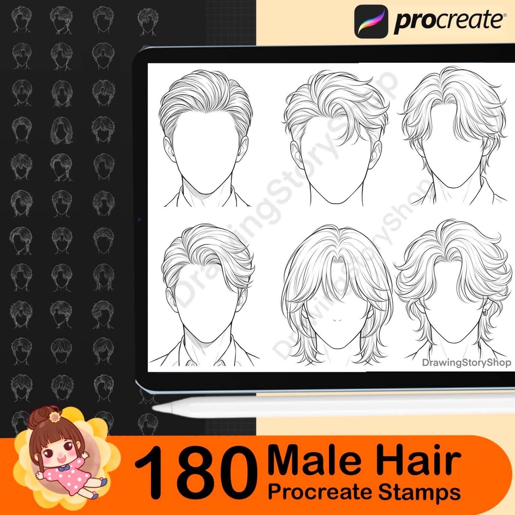 180 Male Hair Procreate Stamps | Anime Boy Hairstyle Brushes