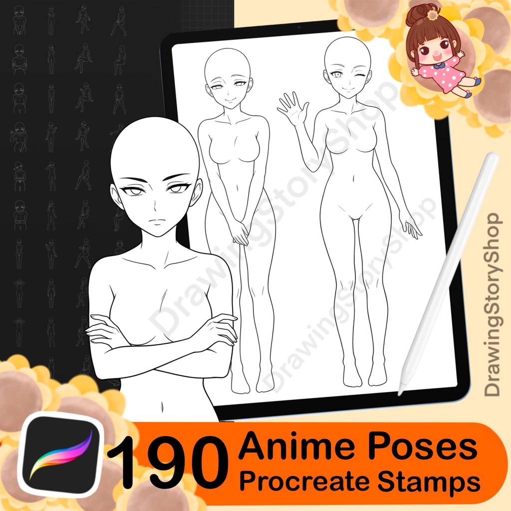 190 Anime Female Pose Stamps for Procreate | Manga Girl Body Bases | Character Lineart Templates | Drawing Reference Bundle