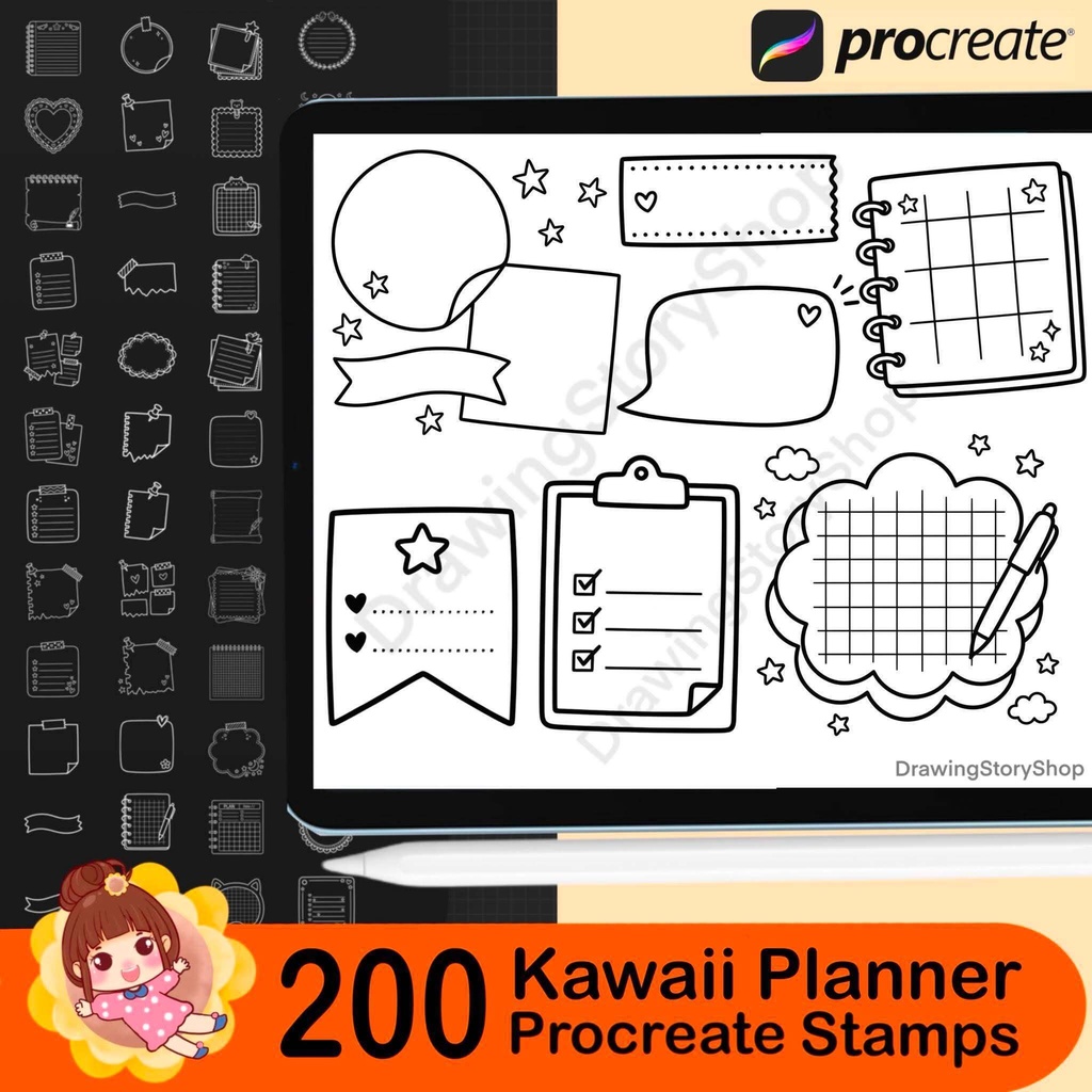 200 Kawaii Planner Stamps for Procreate, Journal & Memo Bundle, Sticky Notes, Note Frames, Scrapbook Elements, Digital Planner Brushes