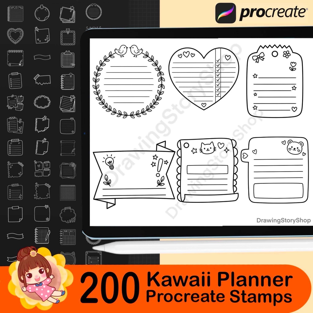 200 Kawaii Planner Stamps for Procreate, Journal & Memo Bundle, Sticky Notes, Note Frames, Scrapbook Elements, Digital Planner Brushes