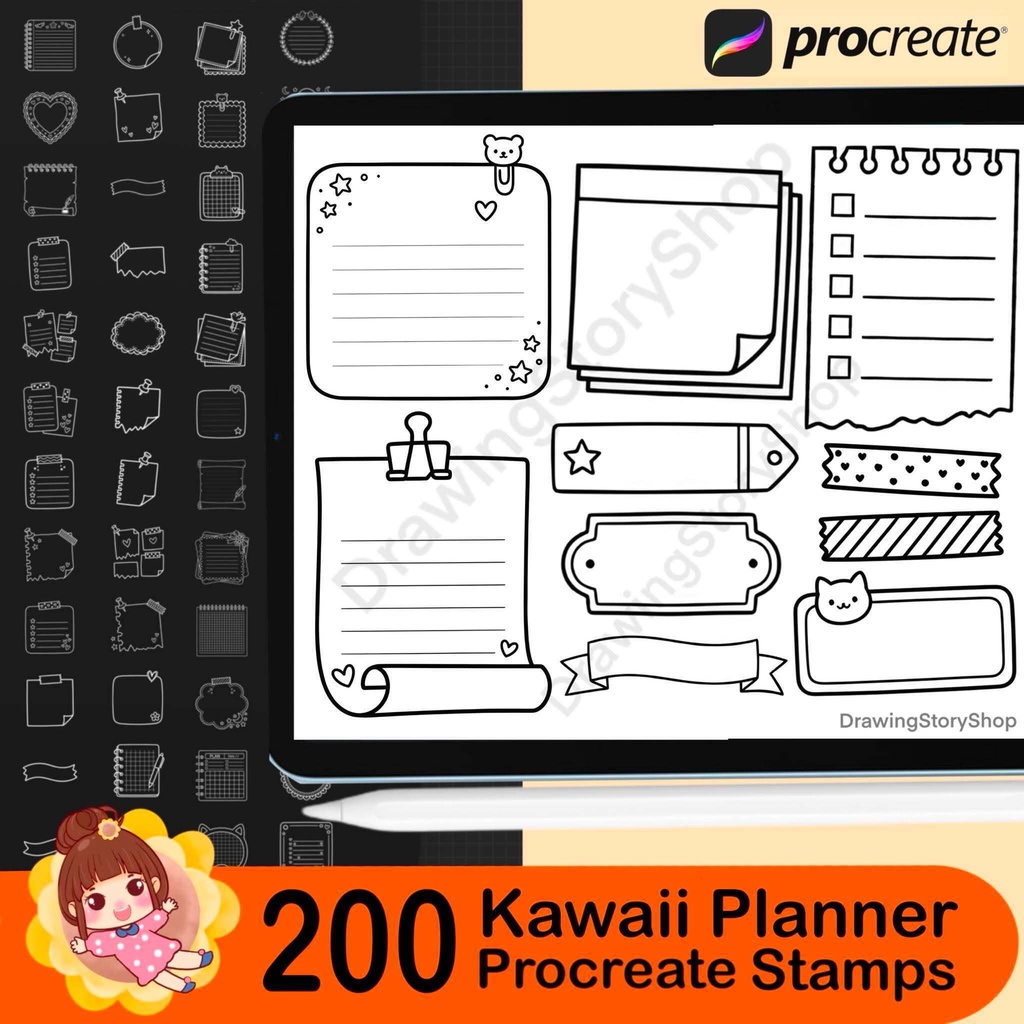 200 Kawaii Planner Stamps for Procreate, Journal & Memo Bundle, Sticky Notes, Note Frames, Scrapbook Elements, Digital Planner Brushes