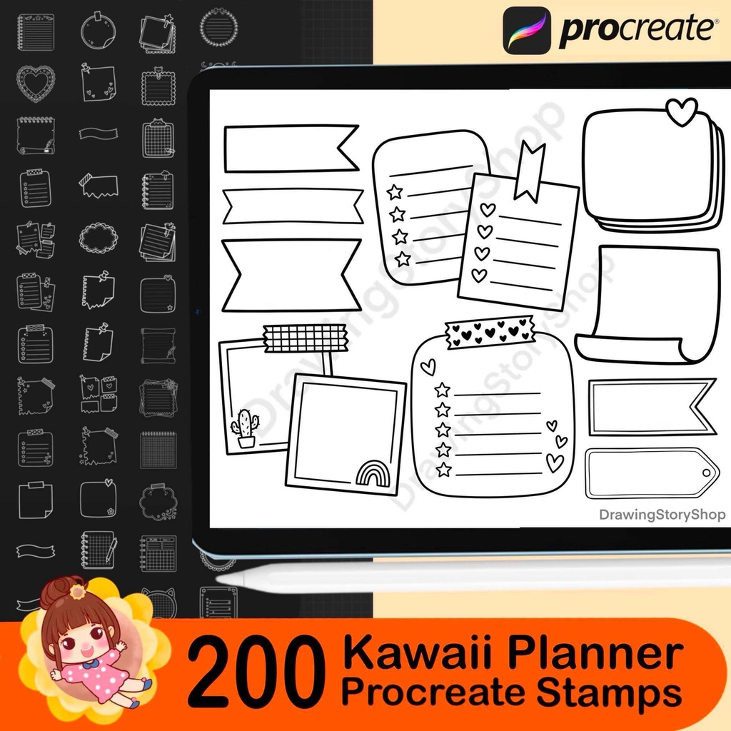 200 Kawaii Planner Stamps for Procreate, Journal & Memo Bundle, Sticky Notes, Note Frames, Scrapbook Elements, Digital Planner Brushes