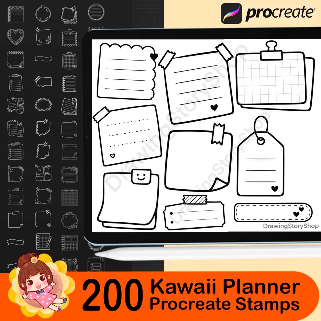 200 Kawaii Planner Stamps for Procreate, Journal & Memo Bundle, Sticky Notes, Note Frames, Scrapbook Elements, Digital Planner Brushes