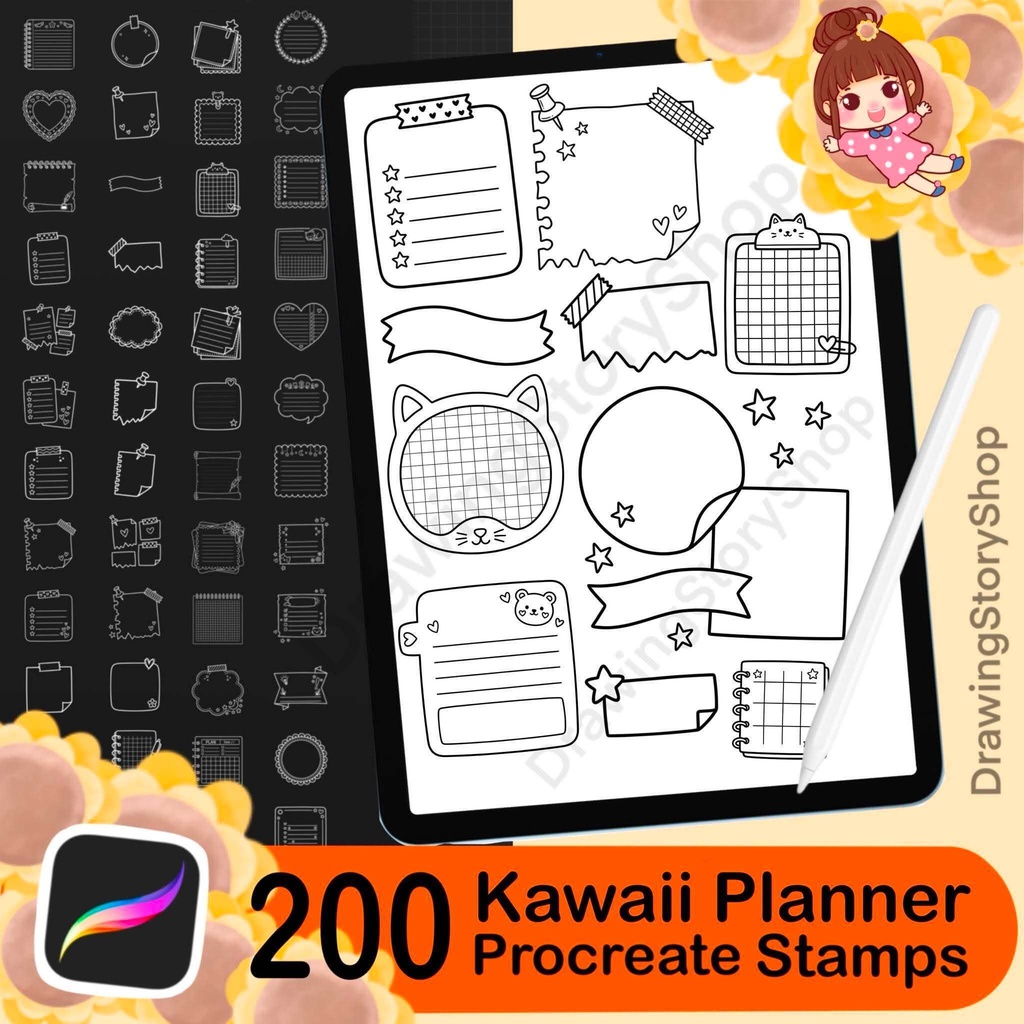 200 Kawaii Planner Stamps for Procreate, Journal & Memo Bundle, Sticky Notes, Note Frames, Scrapbook Elements, Digital Planner Brushes