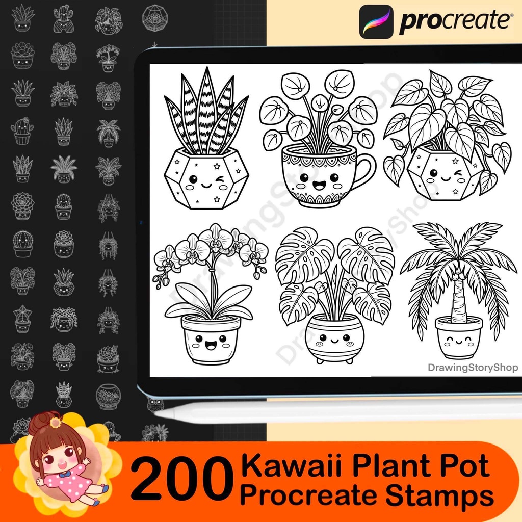 200 Kawaii Plant Pot Procreate Stamps | Cute Succulent & Houseplant Brushes