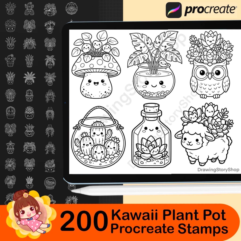 200 Kawaii Plant Pot Procreate Stamps | Cute Succulent & Houseplant Brushes
