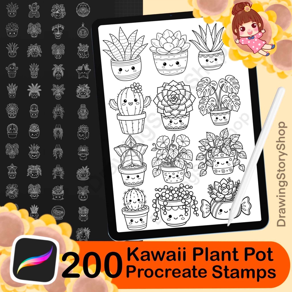 200 Kawaii Plant Pot Procreate Stamps | Cute Succulent & Houseplant Brushes