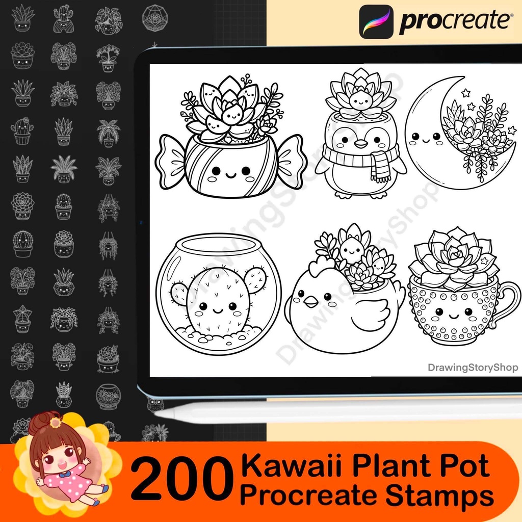 200 Kawaii Plant Pot Procreate Stamps | Cute Succulent & Houseplant Brushes