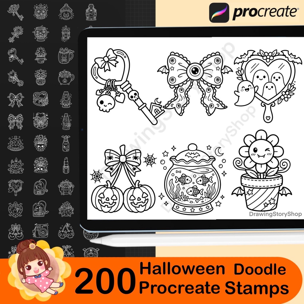 200 Procreate Halloween Stamps Bundle | Kawaii Spooky Doodle Brushes | Cute Skull, Candy, Bat & Gothic Elements