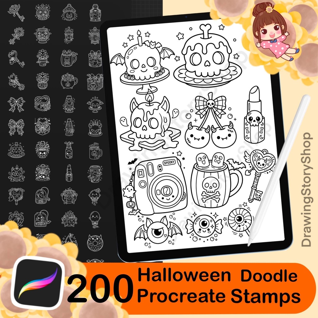 200 Procreate Halloween Stamps Bundle | Kawaii Spooky Doodle Brushes | Cute Skull, Candy, Bat & Gothic Elements
