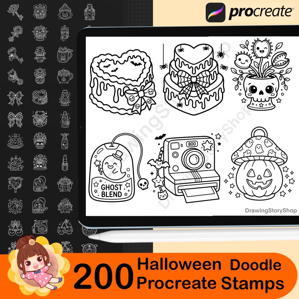 200 Procreate Halloween Stamps Bundle | Kawaii Spooky Doodle Brushes | Cute Skull, Candy, Bat & Gothic Elements