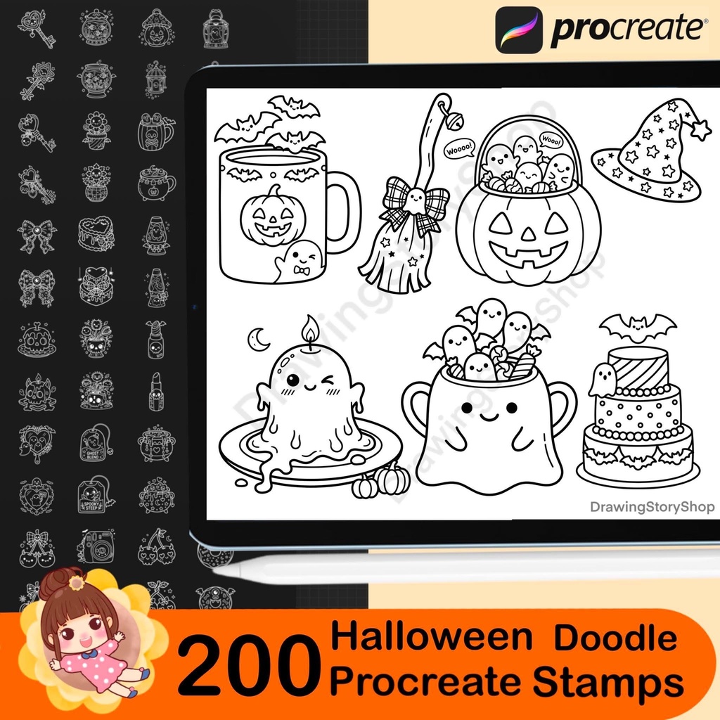 200 Procreate Halloween Stamps Bundle | Kawaii Spooky Doodle Brushes | Cute Skull, Candy, Bat & Gothic Elements