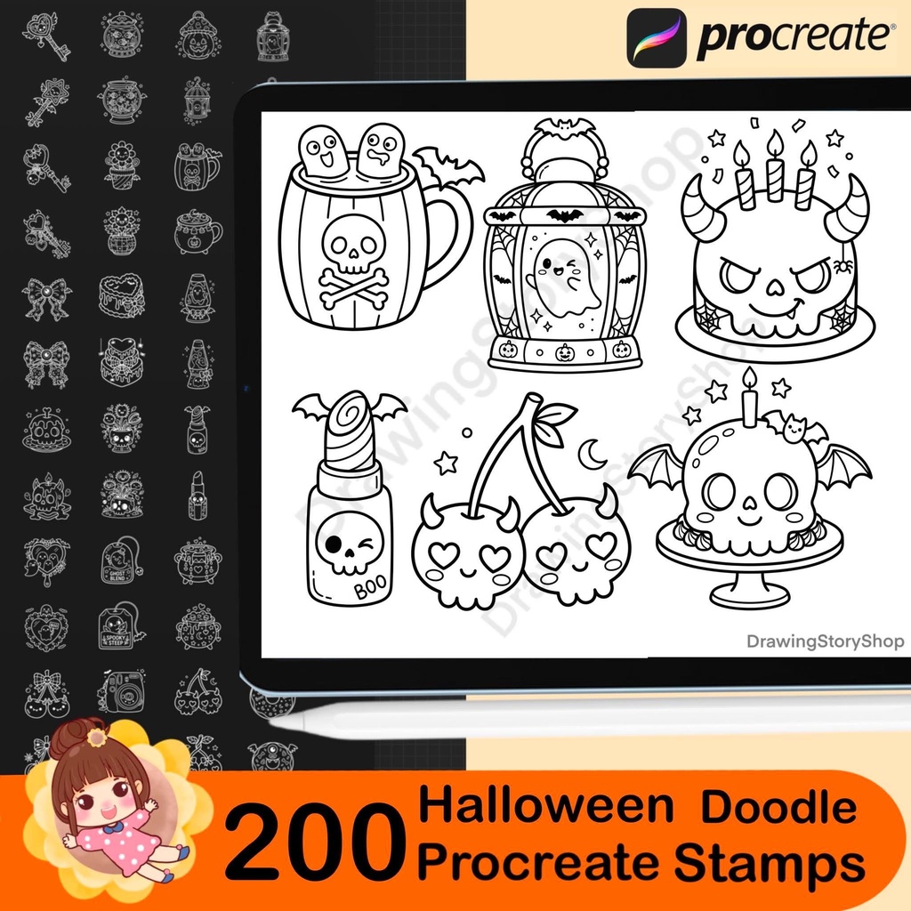 200 Procreate Halloween Stamps Bundle | Kawaii Spooky Doodle Brushes | Cute Skull, Candy, Bat & Gothic Elements