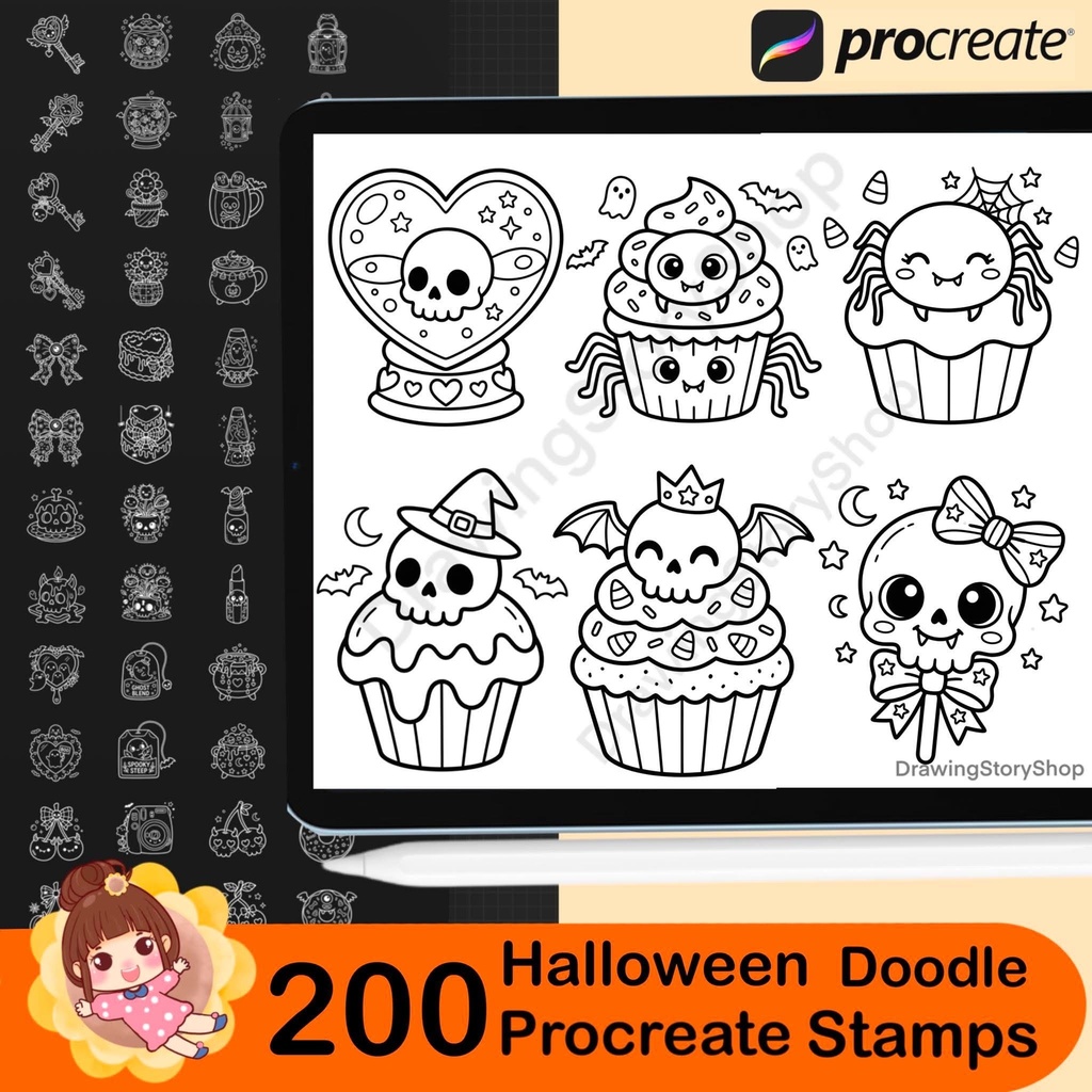 200 Procreate Halloween Stamps Bundle | Kawaii Spooky Doodle Brushes | Cute Skull, Candy, Bat & Gothic Elements