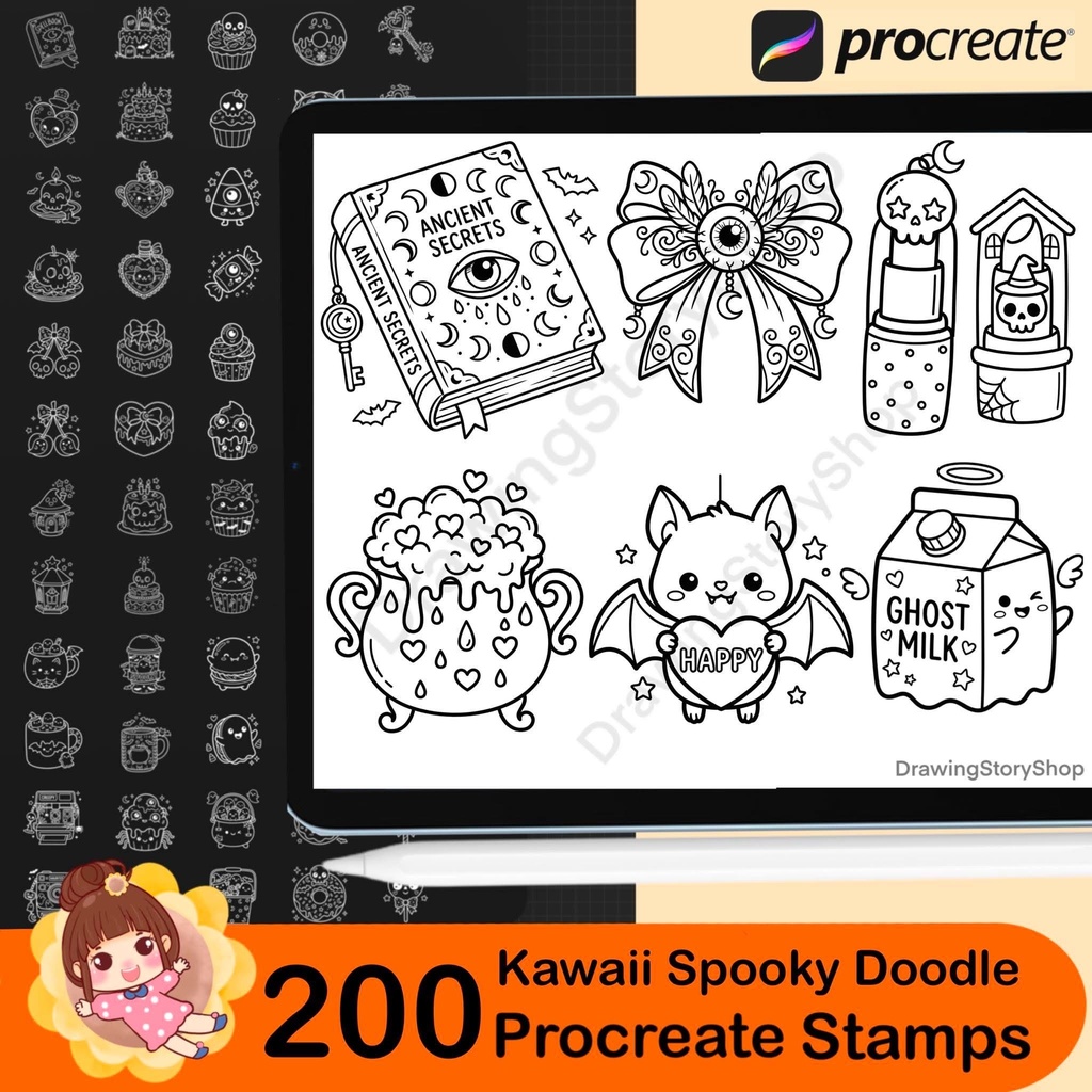 200 Procreate Kawaii Spooky Doodle Stamps Bundle | Cute Halloween Brushes | Witchy, Skull, Magic & Gothic Elements