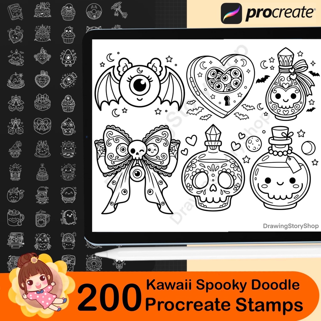 200 Procreate Kawaii Spooky Doodle Stamps Bundle | Cute Halloween Brushes | Witchy, Skull, Magic & Gothic Elements