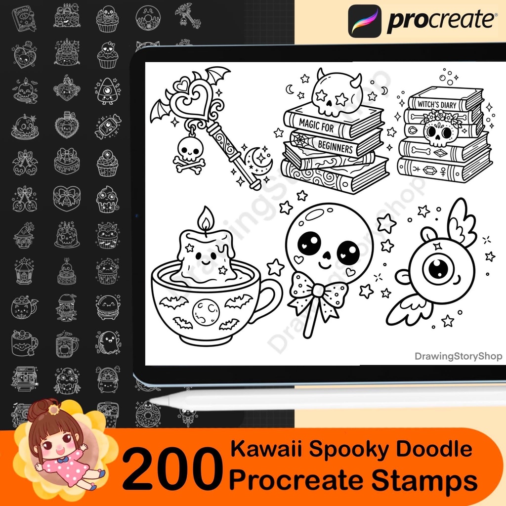 200 Procreate Kawaii Spooky Doodle Stamps Bundle | Cute Halloween Brushes | Witchy, Skull, Magic & Gothic Elements
