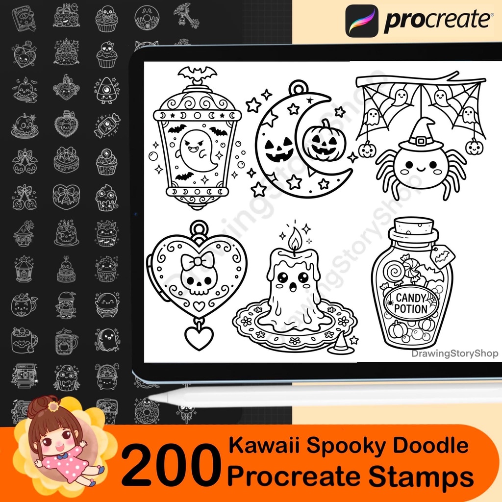 200 Procreate Kawaii Spooky Doodle Stamps Bundle | Cute Halloween Brushes | Witchy, Skull, Magic & Gothic Elements