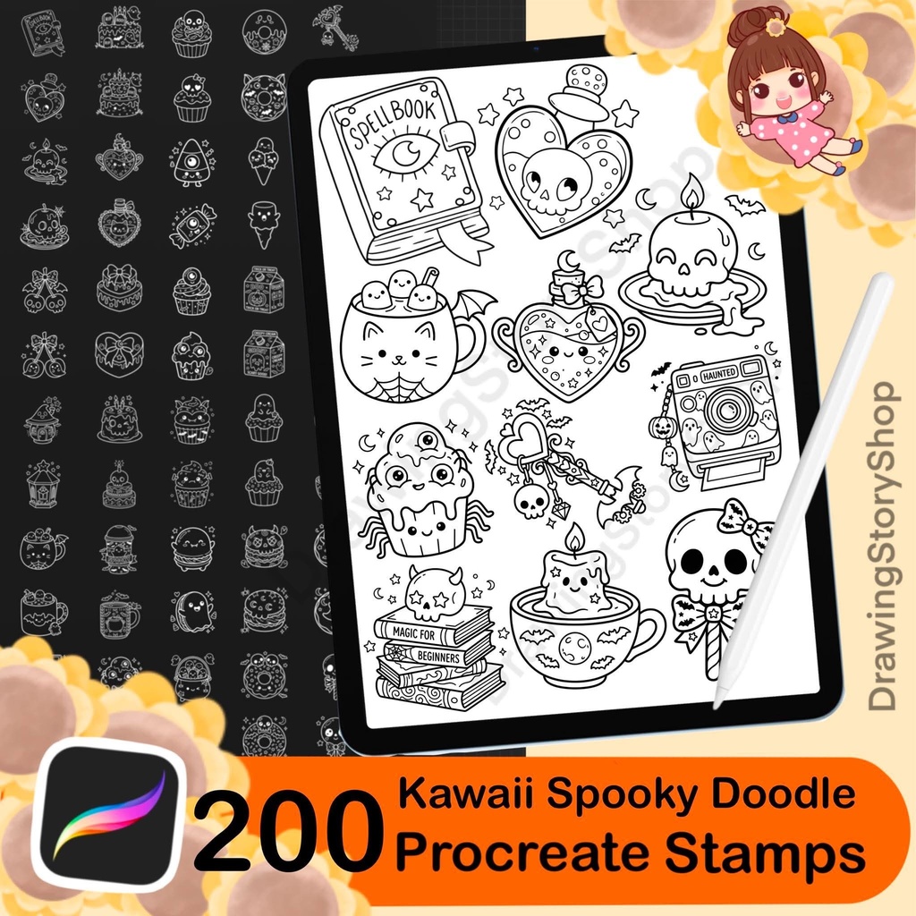 200 Procreate Kawaii Spooky Doodle Stamps Bundle | Cute Halloween Brushes | Witchy, Skull, Magic & Gothic Elements