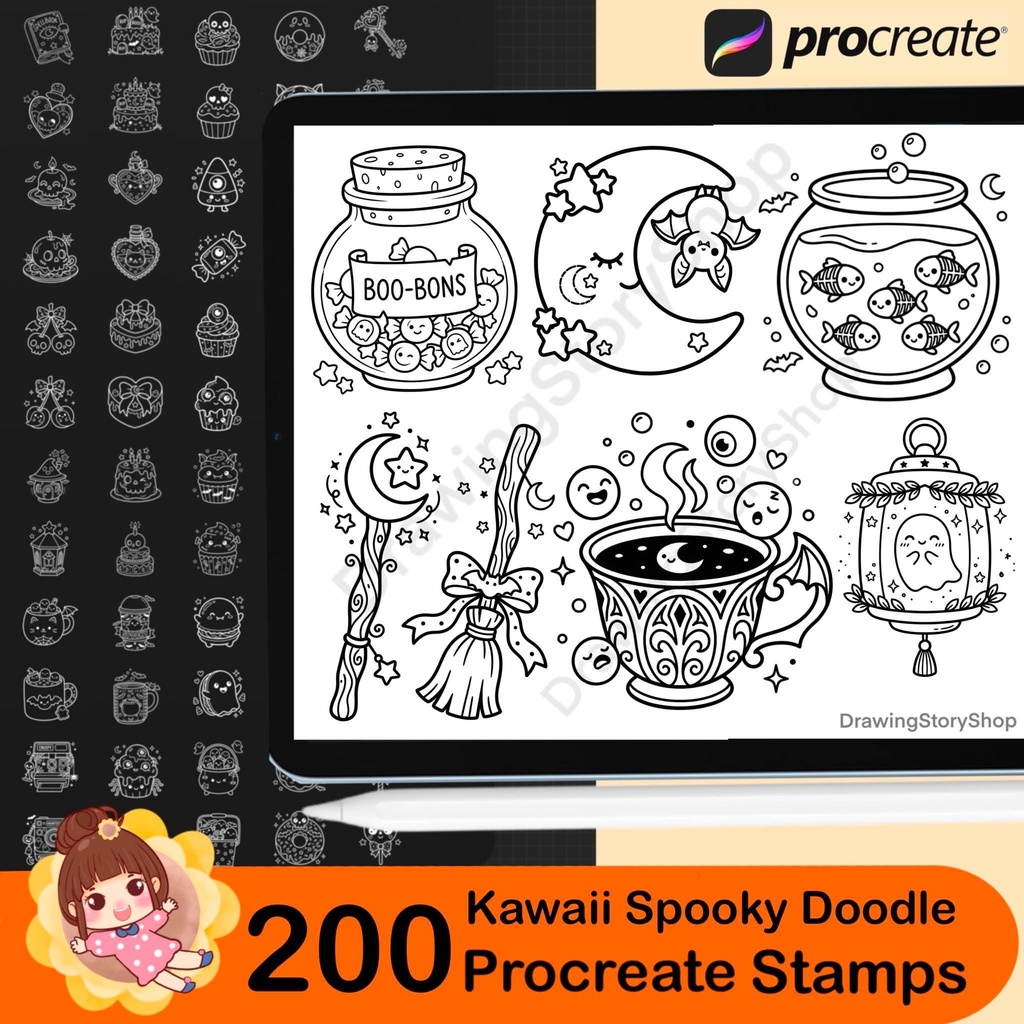 200 Procreate Kawaii Spooky Doodle Stamps Bundle | Cute Halloween Brushes | Witchy, Skull, Magic & Gothic Elements