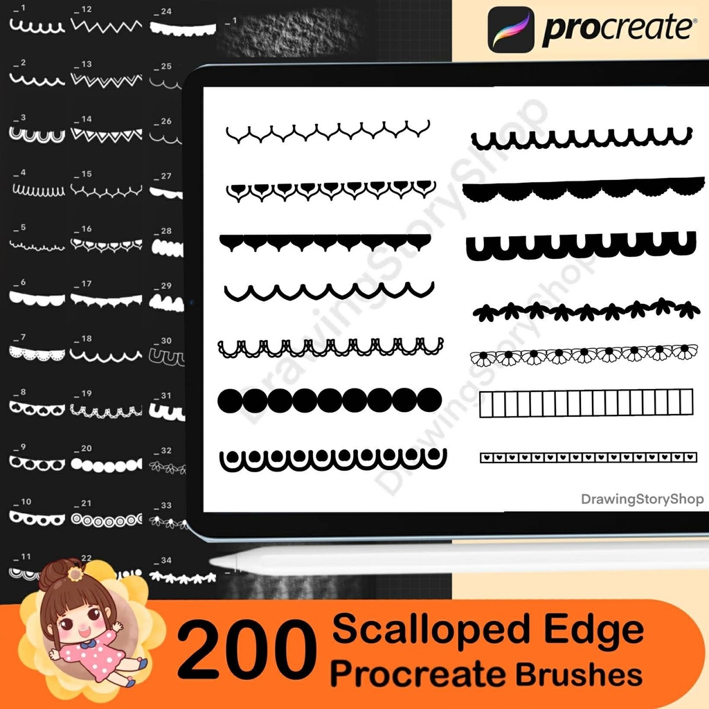 200 Procreate Scalloped Edge Brushes, Paper Textures, Border Brush Set, Digital Illustration, DIY Cards Invitations