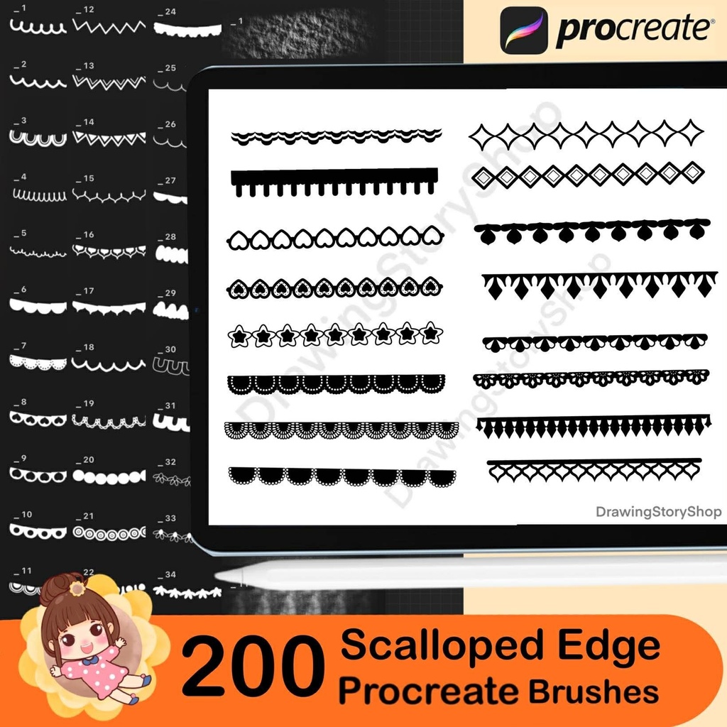 200 Procreate Scalloped Edge Brushes, Paper Textures, Border Brush Set, Digital Illustration, DIY Cards Invitations