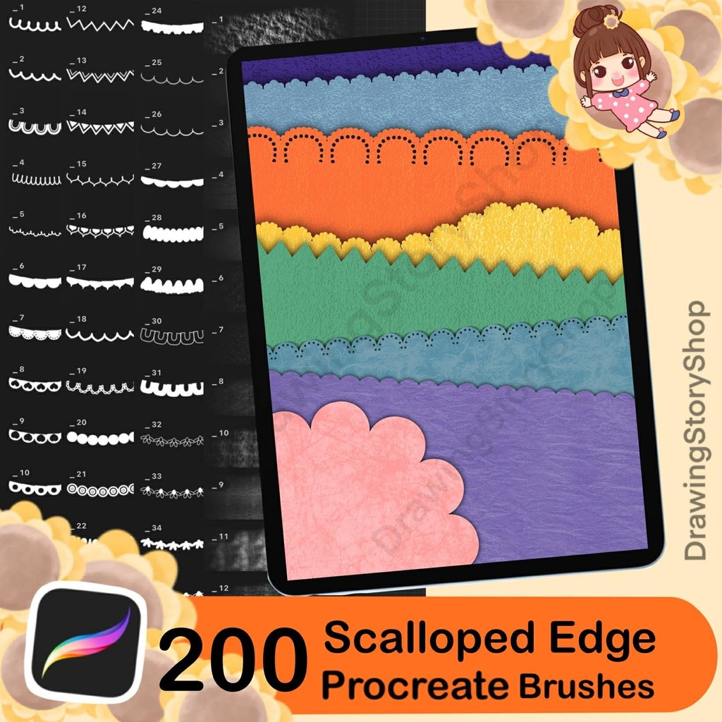 200 Procreate Scalloped Edge Brushes, Paper Textures, Border Brush Set, Digital Illustration, DIY Cards Invitations