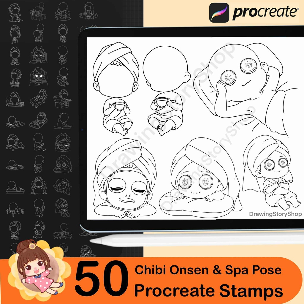 50 Chibi Onsen & Spa Pose Stamps for Procreate | Base Chibi Relaxing Poses | Chibi Body Stamps | Anime Manga | Character Design Set