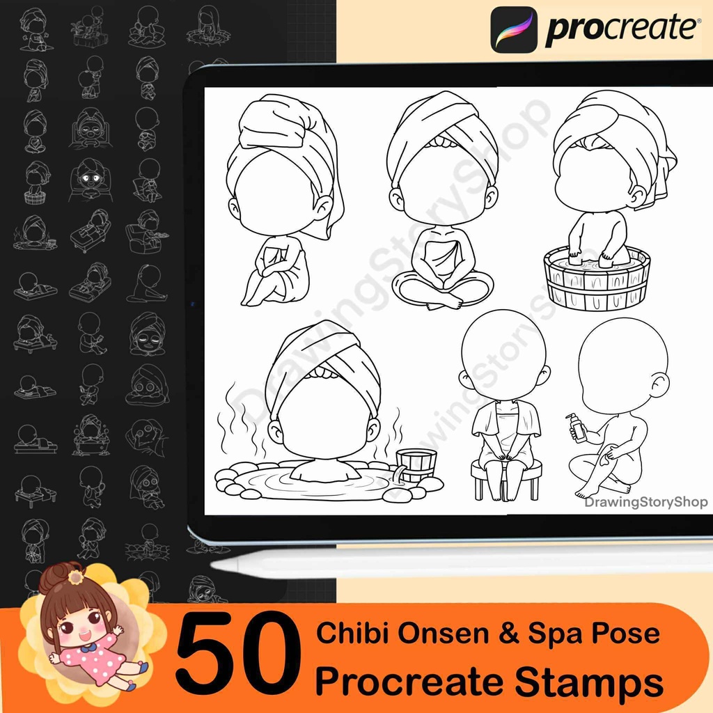 50 Chibi Onsen & Spa Pose Stamps for Procreate | Base Chibi Relaxing Poses | Chibi Body Stamps | Anime Manga | Character Design Set
