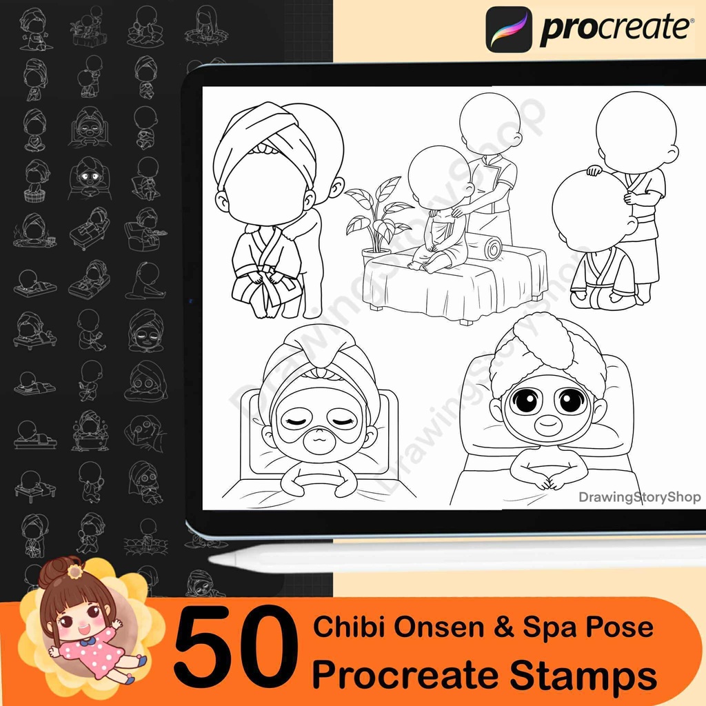 50 Chibi Onsen & Spa Pose Stamps for Procreate | Base Chibi Relaxing Poses | Chibi Body Stamps | Anime Manga | Character Design Set