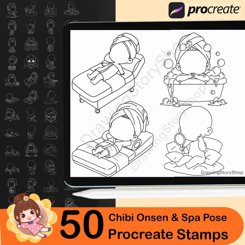 50 Chibi Onsen & Spa Pose Stamps for Procreate | Base Chibi Relaxing Poses | Chibi Body Stamps | Anime Manga | Character Design Set