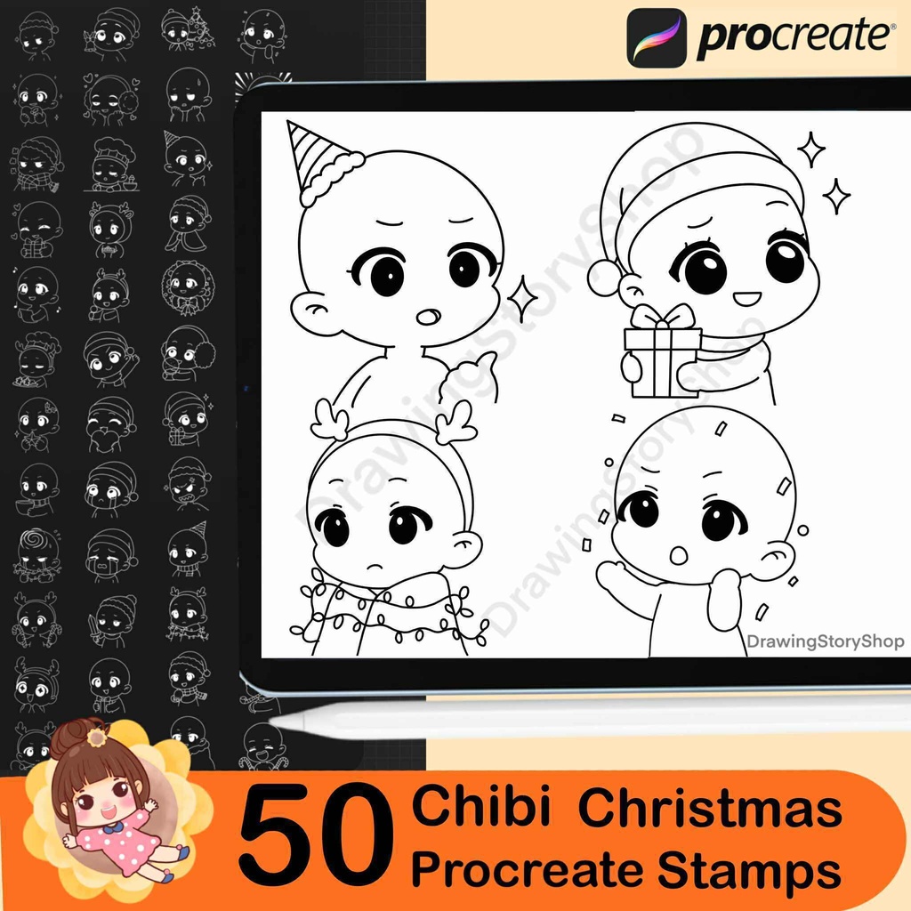 50 Christmas Chibi Emote Bases Stamps for Procreate, Twitch Emotes, Discord, sketch, Anime Figure, Christmas Stamps, Santa, reindeer