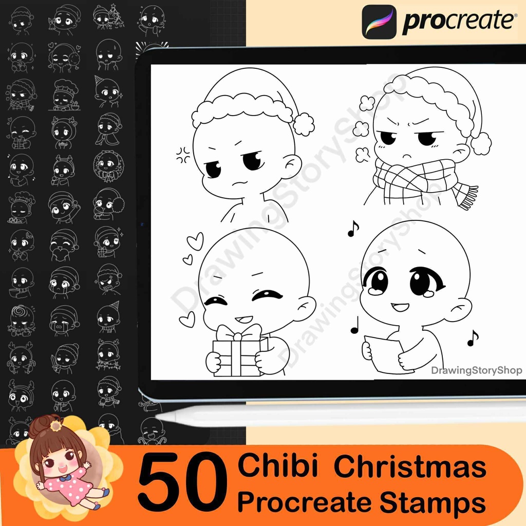 50 Christmas Chibi Emote Bases Stamps for Procreate, Twitch Emotes, Discord, sketch, Anime Figure, Christmas Stamps, Santa, reindeer
