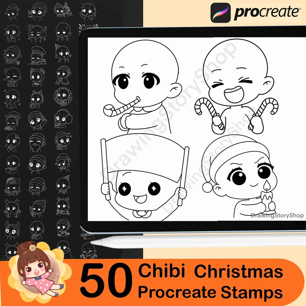 50 Christmas Chibi Emote Bases Stamps for Procreate, Twitch Emotes, Discord, sketch, Anime Figure, Christmas Stamps, Santa, reindeer