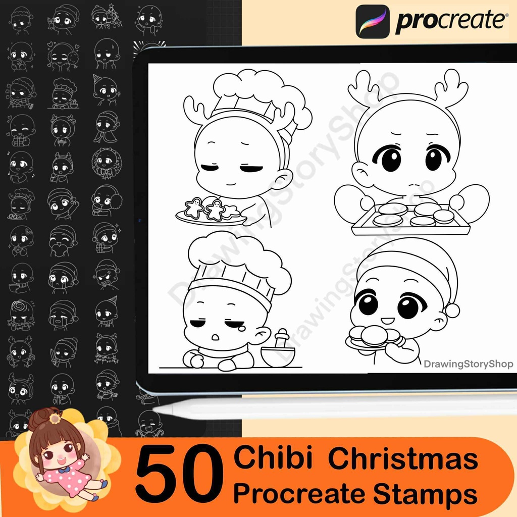 50 Christmas Chibi Emote Bases Stamps for Procreate, Twitch Emotes, Discord, sketch, Anime Figure, Christmas Stamps, Santa, reindeer
